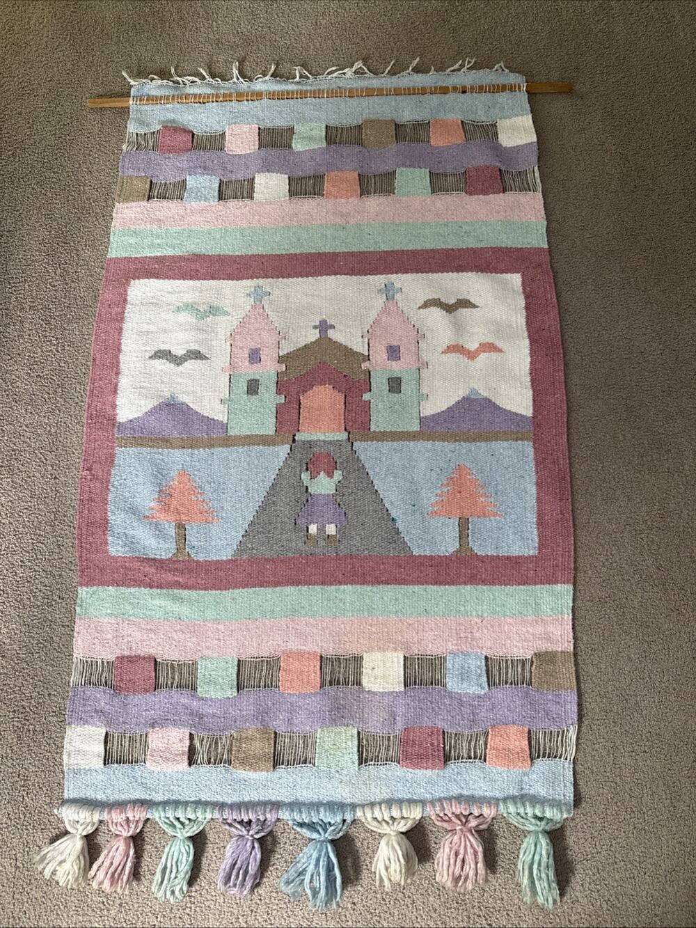 Wool Fiber Art Wall Hanging Southwestern Mission Pueblo 52” Woven Pastels Vtg